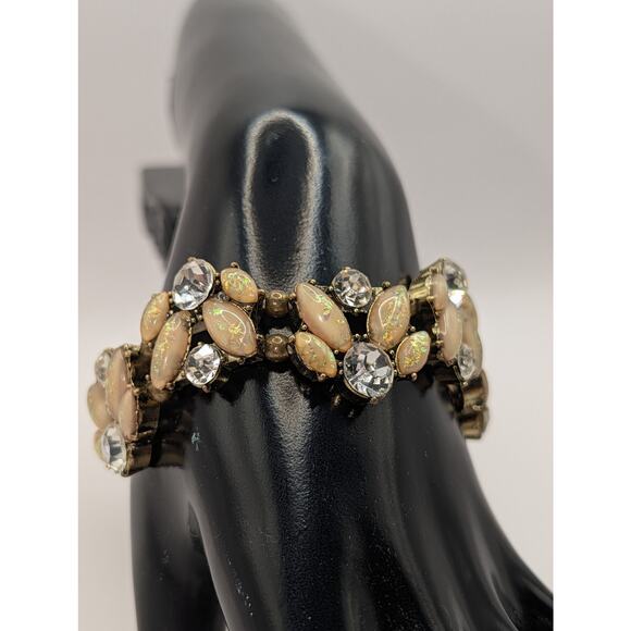 Vintage Opalescent Stone & Clear Rhinestone Gold-Tone Bracelet - Picture 2 of 4